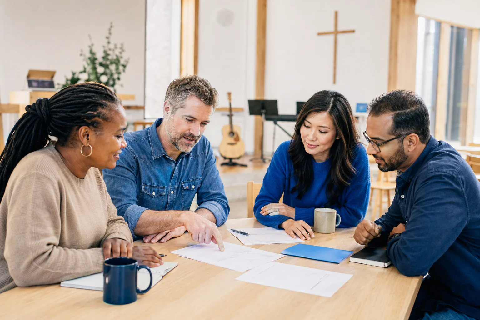 Church volunteers preparing a Sunday service together