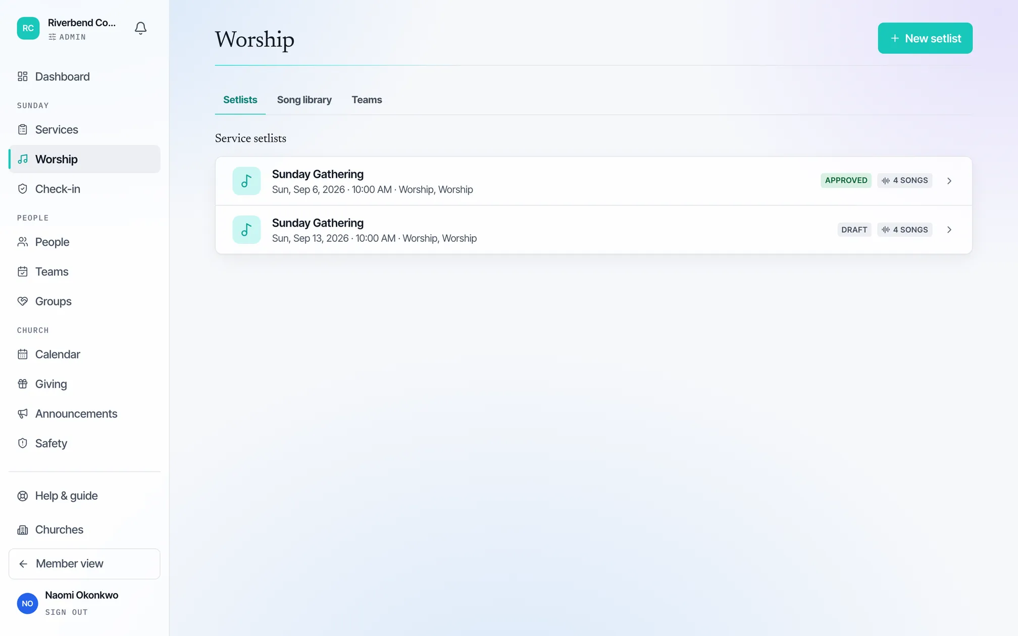 The worship screen, showing setlists for upcoming services